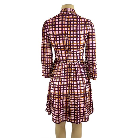 Gal Meets Glam Lindsey Dress Size 2 Purple Pink Plaid Tie Neck Pockets V Neck - Picture 11 of 15